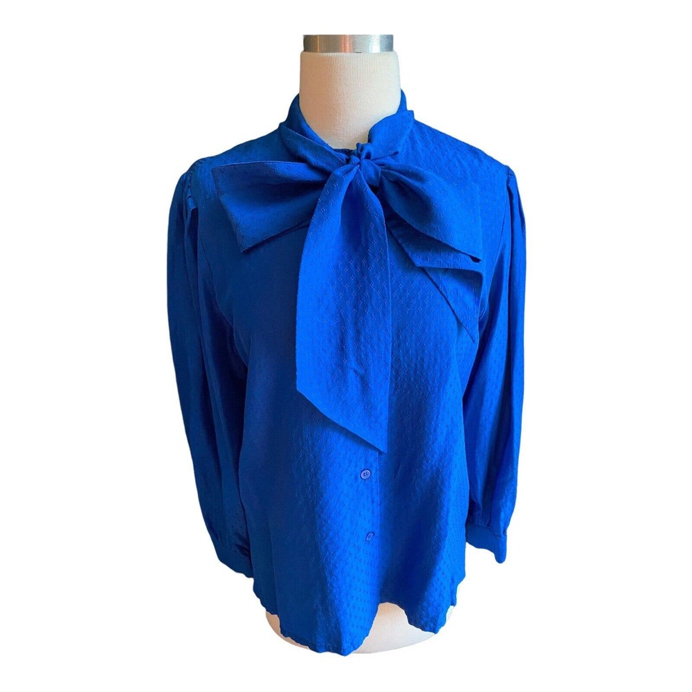 Vintage 100% Silk Blouse Ants House Italy Blue Bow Tie Front Button 70s 80s Top
